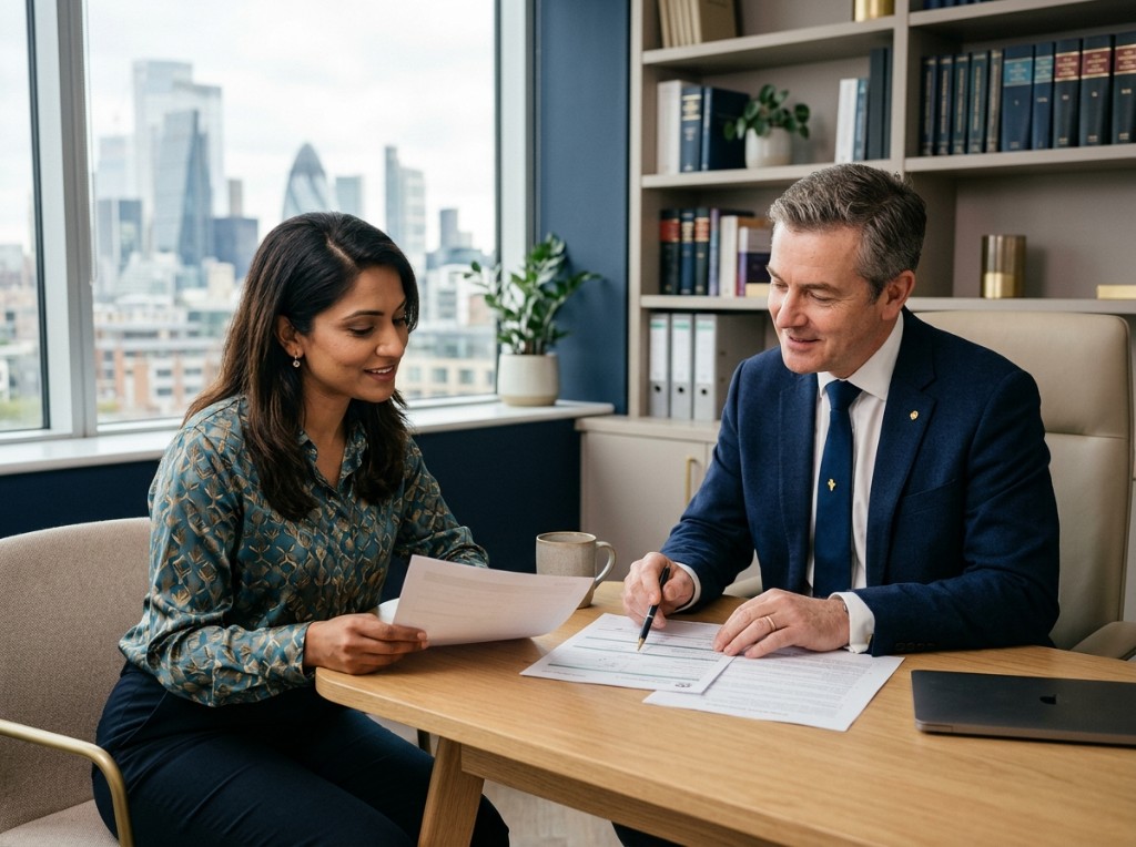 Usman Khan Immigration Solicitors consultation — advisors reviewing documents together in a modern office